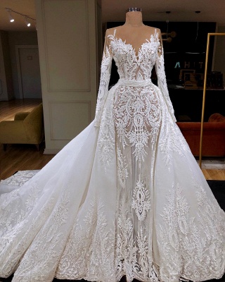Gorgeous Tulle Overskirt Wedding Dresses Long Sleeve Lace Bridal Gowns Online_2