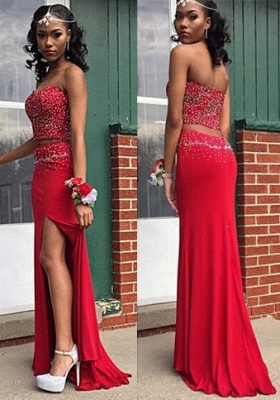 Red Sweetheart Two Pieces Long Evening Dress with Beadings Sexy Crystal Side Slit Prom Dress_1