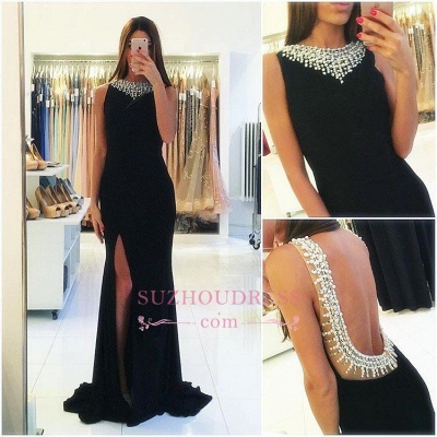 Beaded Black Sexy Sheath Evening Dress   Sleeveless Popular Backless Side Slit Prom Dress_1