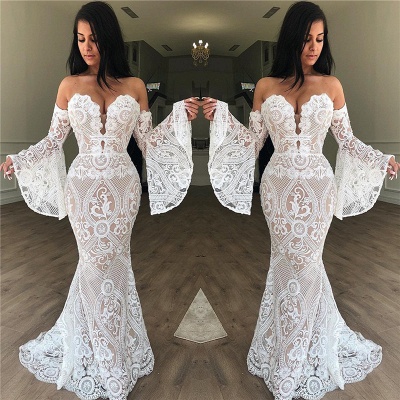 Exquisite Off-the-Shoulder V-Neck Lace Prom Dress Strapless Long Sleeves Evening Dresses On Sale_3