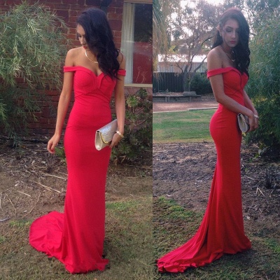 Red Off Shoulder Sexy Long Formal Occasion Dress Sheath Popular Sweep Train  Evening Dress_2