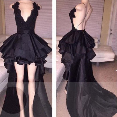 Black Lace Sexy Evening Dress  V-neck Open Back Straps Short Ball Dress with Long Train MQ0_3