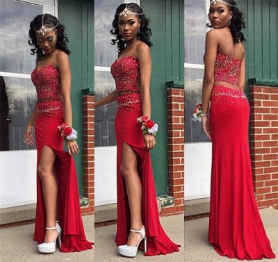 Red Sweetheart Two Pieces Long Evening Dress with Beadings Sexy Crystal Side Slit Prom Dress_2