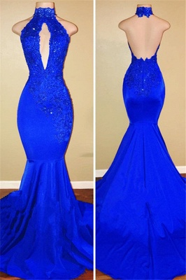 Halter Backless Sexy Prom Dresses with Lace Appliques Mermaid Sleeveless  Evening Gown BA7768_4