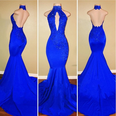 Halter Backless Sexy Prom Dresses with Lace Appliques Mermaid Sleeveless  Evening Gown BA7768_2