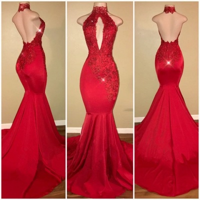 Halter Backless Sexy Prom Dresses with Lace Appliques Mermaid Sleeveless  Evening Gown BA7768_3