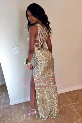 Sparkly Champagne Sequined Sexy V-neck Evening Gowns  Sheath Split Long Prom Dresses BA2798_4