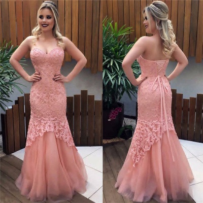 Sweetheart Pink Lace Tulle Prom Dresses  Sexy Sleeveless Lace-up Evening Gown_3