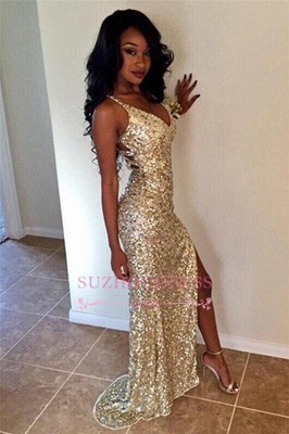 Sparkly Champagne Sequined Sexy V-neck Evening Gowns  Sheath Split Long Prom Dresses BA2798_3