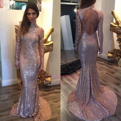 Mermaid Open Back High Neck  Formal Evening Gown Long Sleeves Sequins Sexy Prom Dresses BA5545_1