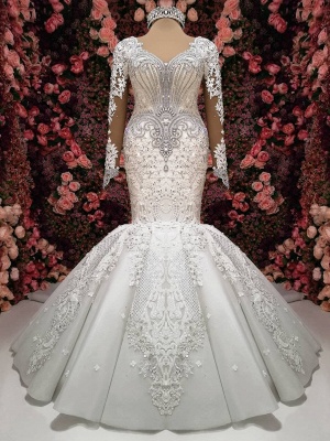 Gorgeous V-Neck Crystals Mermaid Wedding Dresses Long Sleeves Appliques Chapel Train Bridal Gowns_1