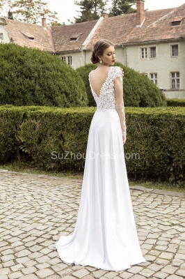 Most Popular Lace Chiffon Bridal Dress Appliques Side Slit Long Sleeve Sweep Train  Wedding Dress_2