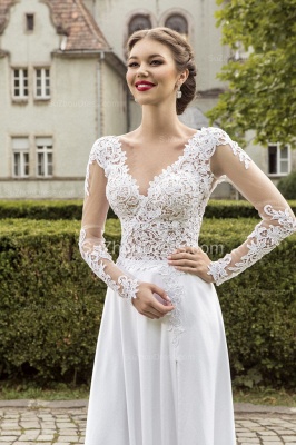 Most Popular Lace Chiffon Bridal Dress Appliques Side Slit Long Sleeve Sweep Train  Wedding Dress_1