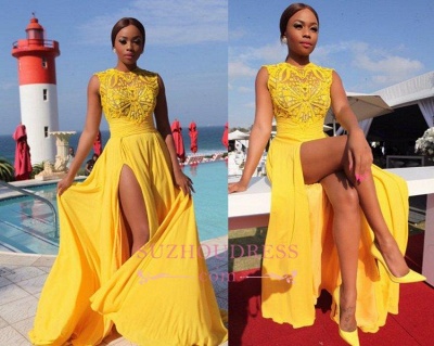 Sexy Side Slit Long High Neckprom Gowns  Sleeveless Chiffon Yellow Evening Dresses_1