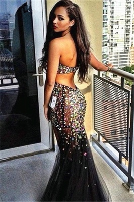 Strapless Backless  Evening Dresses Black Tulle Sparykly Crystals Prom Dress_1