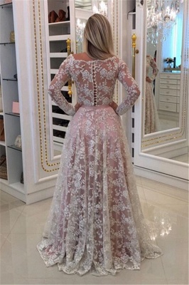 Lace A-line Long Sleeves Evening Gowns Off-the-Shoulder Prom Dresses with Buttons_3