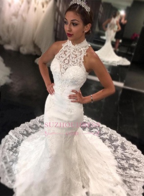 Sweep Train High Neck Bride Dress  Retro Lace Sleeveless Mermaid Newest Wedding Dress BA7636_2