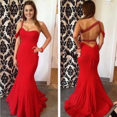 Sexy Mermaid One Shoulder Party Dresses Crystal Red Open Back Evening Gowns_3