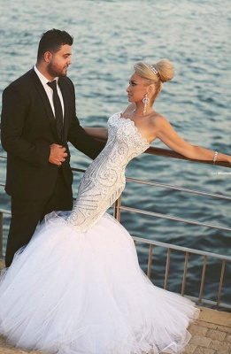 Crystal Beading Mermaid Tulle Wedding Dress with Detachable Train Luxurious Sweep Train Bridal Gowns MH045_1