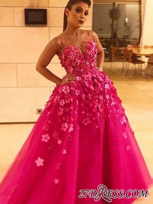 Fuchsia A-line Evening dresses | Sleeveless Prom Dress with Flower_3
