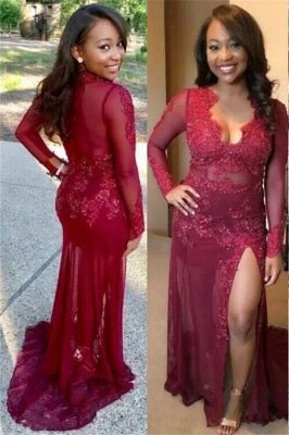 Sexy See Through Lace Prom Dress | Long Sleeve Side Slit Burgundy Evening Gown FB0329_1