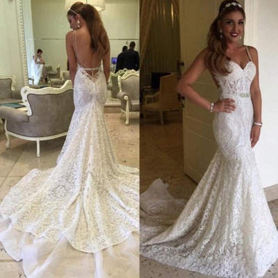 Elegant Backless Mermaid Spaghetti-Straps Lace Wedding Dresses_3