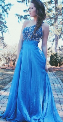 Cute One Shoulder Lace Blue Prom Dress with Beadings New Arrival Empire Chiffon Long Dresses_1