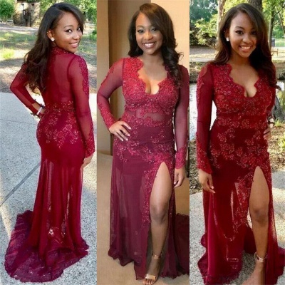 Sexy See Through Lace Prom Dress | Long Sleeve Side Slit Burgundy Evening Gown FB0329_3