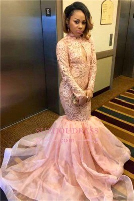 Tulle Keyhole High-Neck Mermaid Sexy Long-Sleeve Pink Prom Dress BA5438_2