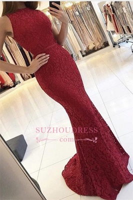 Red Lace Formal Dress  Elegant Sweep Train Mermaid Sleeveless Long Evening Dresses_3