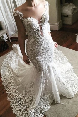 Glamorous Sheer Tulle Wedding Dresses with Buttons Lace Fit and Flare Bridal Gowns Online_1