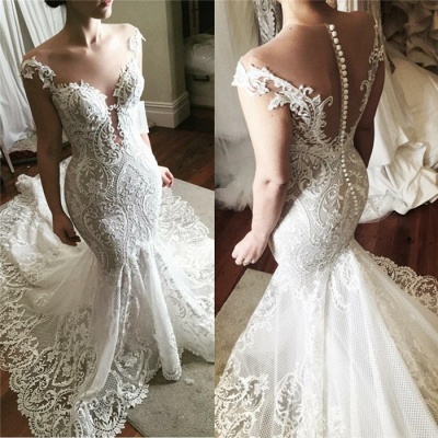 Glamorous Sheer Tulle Wedding Dresses with Buttons Lace Fit and Flare Bridal Gowns Online_3