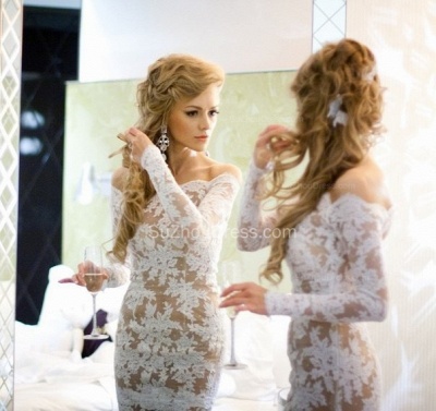 Elegant Prom Dresses Bateau Appliques Long Sleeve Sheath Lace Winter Evening Gowns_2