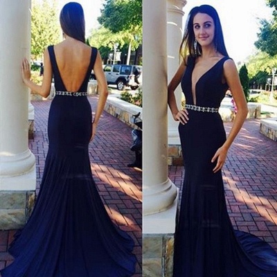 Sexy Plunging Neck  Prom Dress Simple Backless Sweep Train Evening Dresses_1