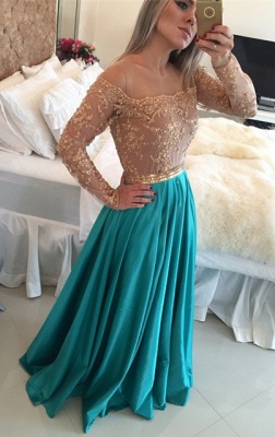 Gorgeous Lace Long Sleeve Evening Gown A-Line Satin Natural Prom Dresses_1