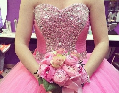 Lovely Candy Pink Sweetheart Ball Gown Quinceanera Dress Beads Crystals Plus Size Formal Dress_2