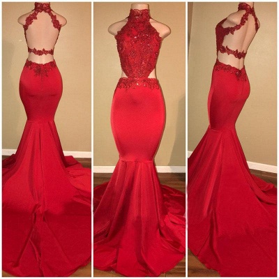 High Neck Open Back Sexy Prom Dresses | Mermaid Sleeveless Red Long Evening Dress_3