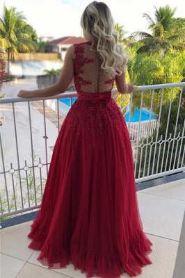 Sleeveless Red Tulle Prom Dress with Bowknot Sexy  Beads Sequins Appliques Evening Gown_4