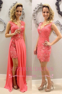 Short Elegant Sleeveless V-neck Train Lace Chffion Pink Detachable Evening Dresses BA3528_3