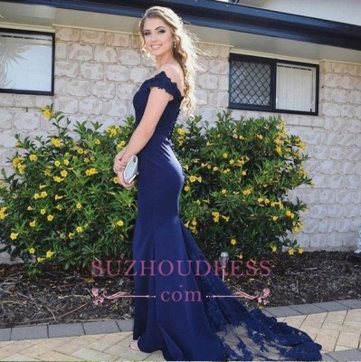 Elegant Navy Blue Evening Dresses |  Mermaid Off the Shoulder Evening Gowns with Buttons_1