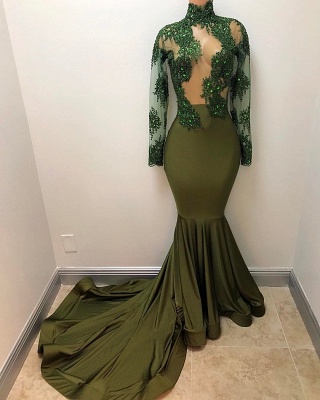 Oliva Green Prom Dress Sexy Sheer Appliques Tulle Long Sleeve Mermaid Evening Gown BA7958_3