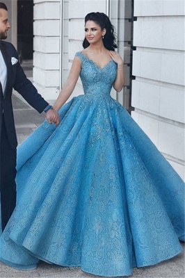 Puffy Lace V-Neck Evening Dresses | Sleeveless Blue Wedding Reception Dress_1