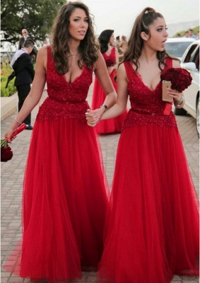 V-neck Beads Appliques Red Bridesmaid Dresses Sexy | Tulle  Long Bridesmaid Dress Online_1