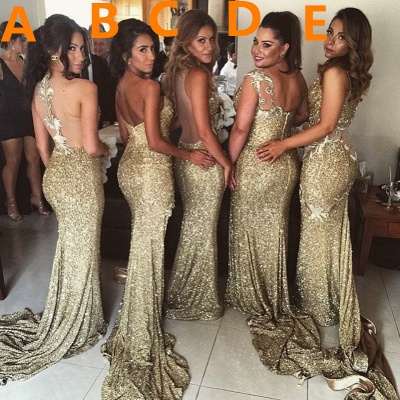 Sexy Gold Sequins  Bridesmaid Dresses Side Slit Sparkly Wedding Party Dress BO8128_3