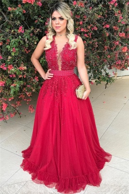 Sleeveless Red Tulle Prom Dress with Bowknot Sexy  Beads Sequins Appliques Evening Gown_1