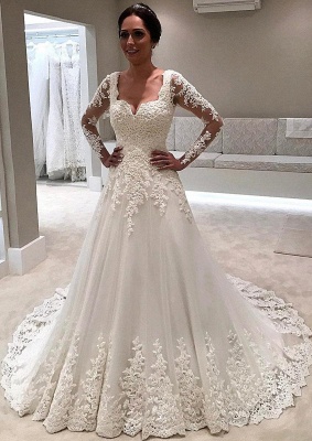 Elegant Long Sleeve Lace Wedding Dresses  | Illusion Sexy Bride Dresses with Long Train_1