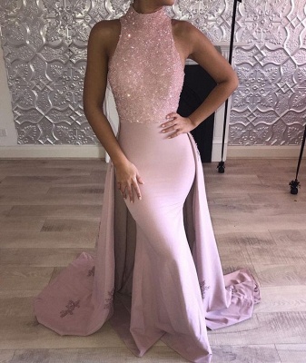 Gorgeouse Pink Mermaid Prom Dresses Sequins High Neck Sleeveless Evening Gowns_3