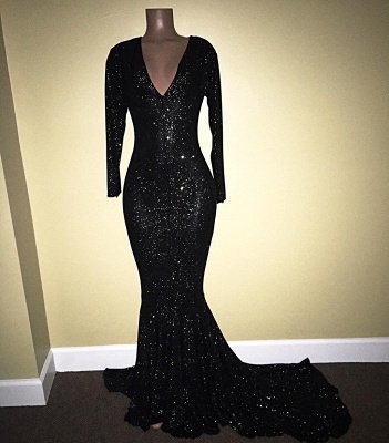 Long Sleeve Black Sequins Prom Dress Sheath V-neck Long Sleeve Shiny Evening Gown with Long Train BA7811_3