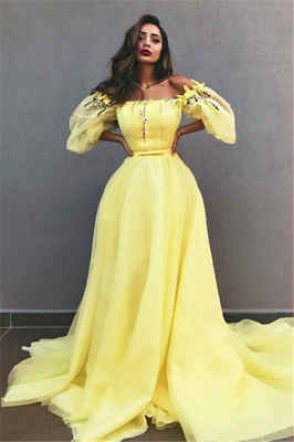 Yellow Off the Shoulder Half Sleeves Evening Dresses |  A-line Crystal Formal Dresses_1