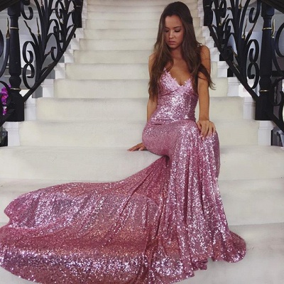 Rose Pink Mermaid Sequins Party Dresses Spaghetti Strap Long Evening Gowns AE0124_4